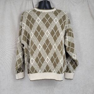 Trader Bay Vintage Argyle Knit Cotton Sweater Crewneck Sage Off White Men's L